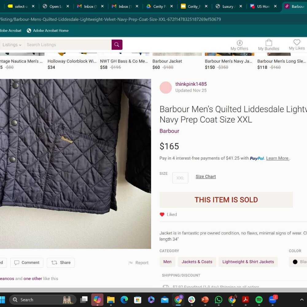 Barbour Men’s Quilted Liddesdale Lightweight Velvet Navy Prep Coat Size XXL